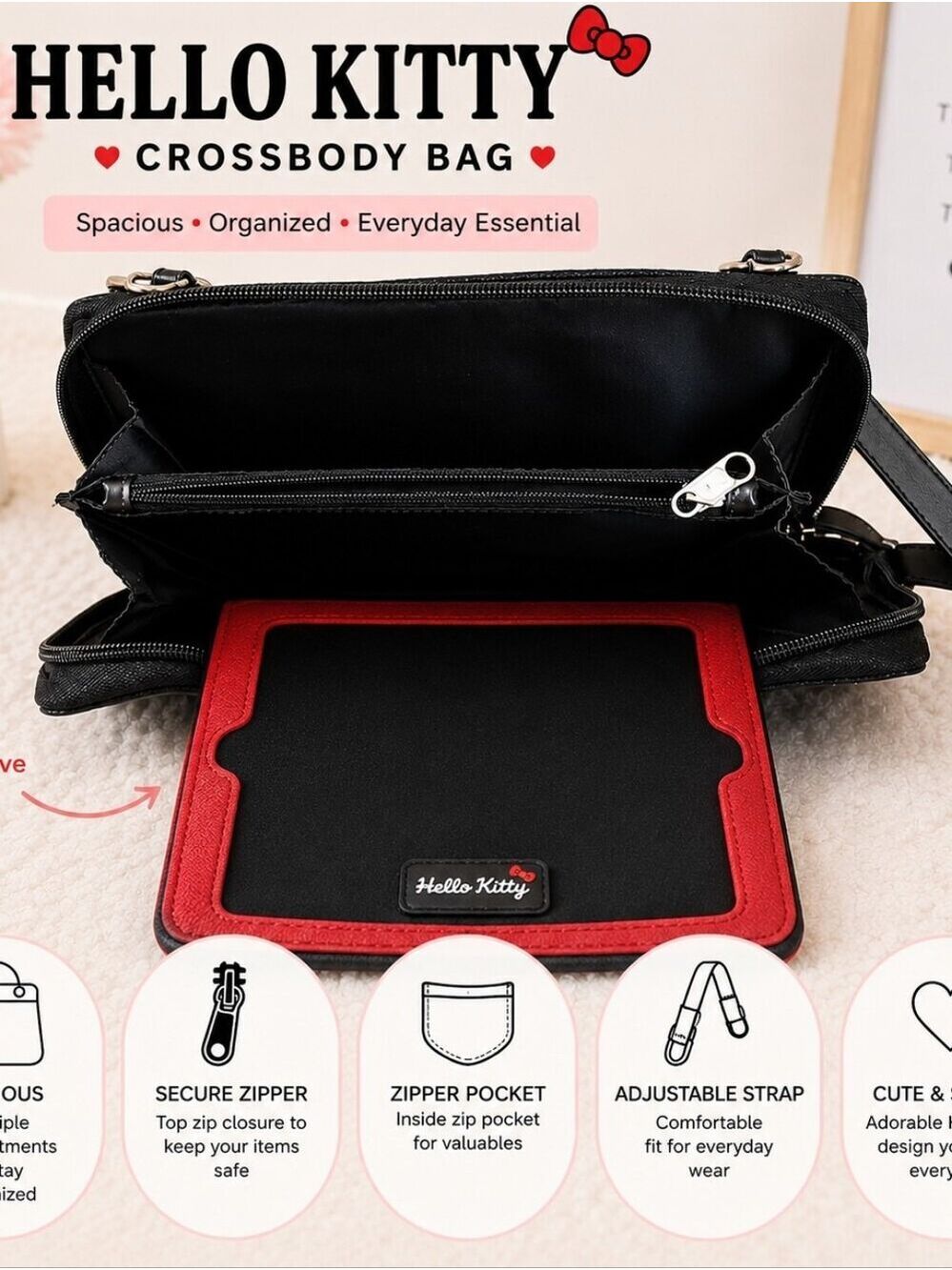 Hello Kitty Black Embossed Crossbody Bag – Sanrio Organizer with Tablet Sleeve